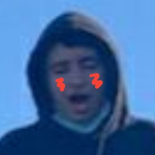 Blurry photo of someone in a dark hoodie against a blue sky, mouth open, with red squiggles drawn on the cheeks